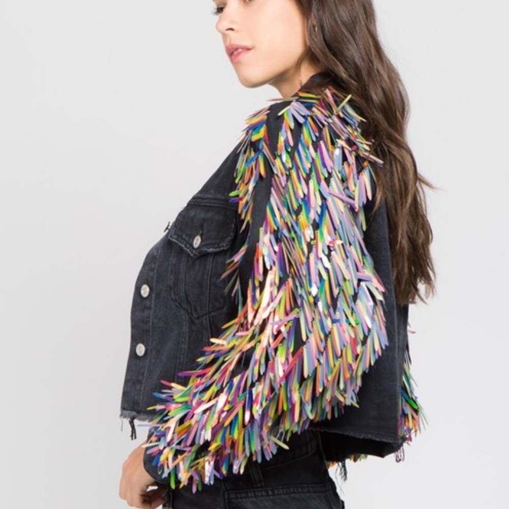 Statement black distressed Denim jacket holograph - Picture 2 of 4